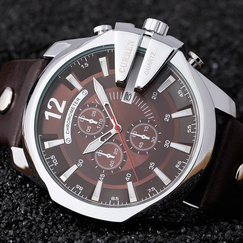 Men Watches Top Brand Luxury Gold Male Watch Fashion Leather Strap Outdoor Casual Sport Wristwatch With Big Dial brown brown white