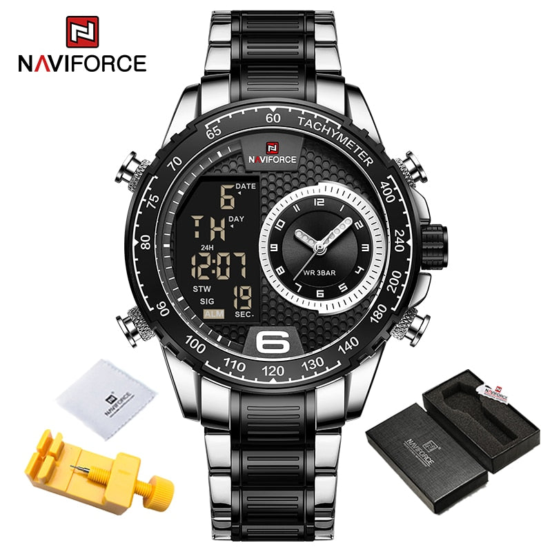 NAVIFORCE Luxury Brand New Watch for Men Stainless Steel Dual Display Quartz Wrist Watches Waterproof Military Sports Male Clock