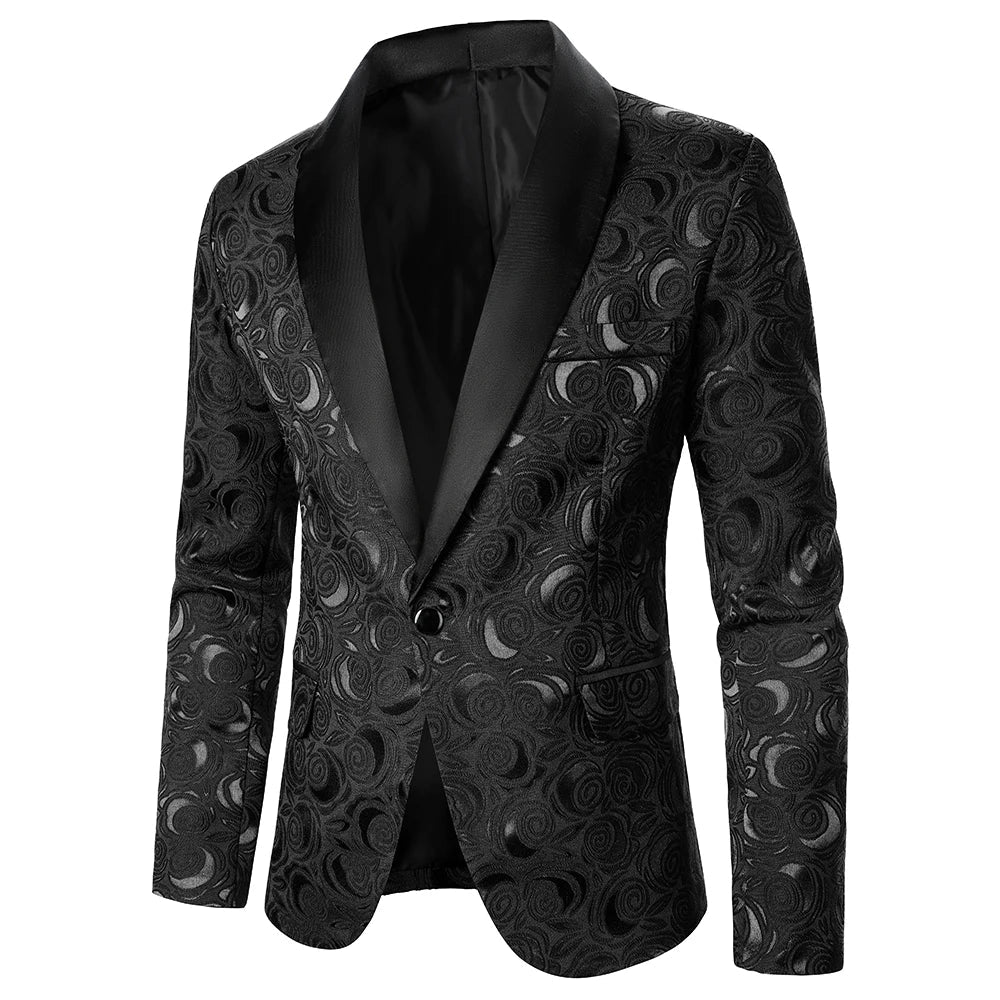 New Men Rose Pattern Bright Jacquard Fabric Contrast Collar Party Luxury Design Causal Fashion Slim Fit Men Blazer Black, L, CHINA