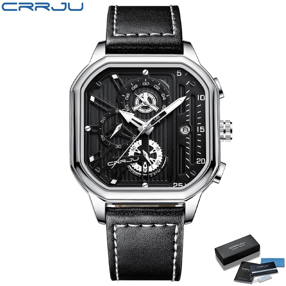 Square Dial Leather Mens Watches Luxury Sport Waterproof Watch Man Chronograph Quartz WristWatches Homme+Box SB-BOX