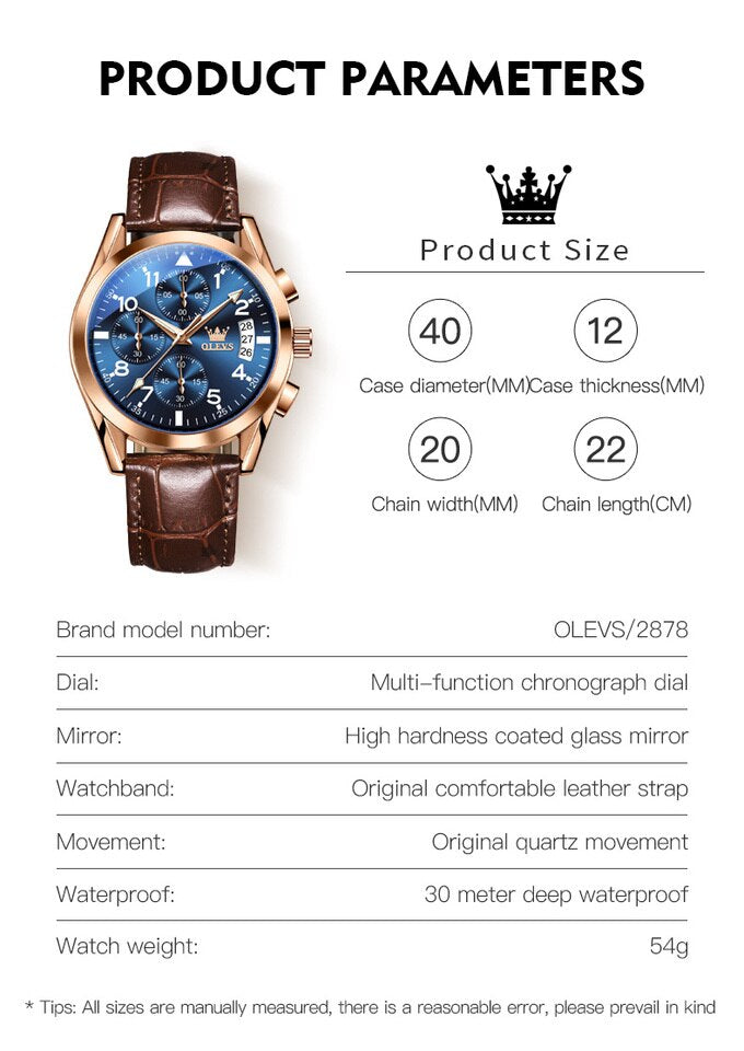 OLEVS 2878 Quartz Men Watch Classic Waterproof Luminous Wristwatch Leather Strap Date Display Luxury Top Brand Watch for Men