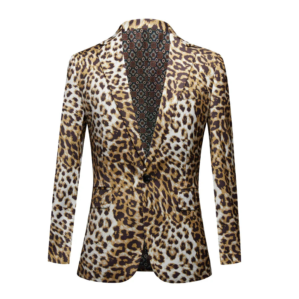 New Leopard Print Suit Blazer Party Wedding Festival Stylish Stage Costumes Singers Slim Fit Brown, US 44R XL