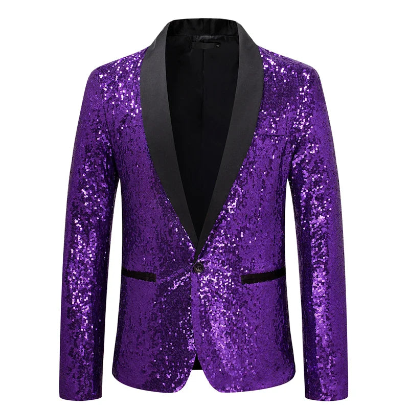 New Shiny Sequin Glitter Embellished Tuxedo Suit Jacket Men One Button Shawl Collar Blazer X51 Purple, L