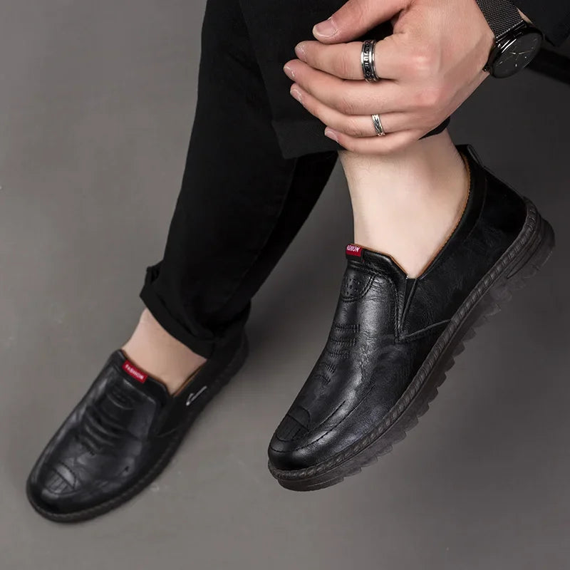 Men Leather Shoes Casual Shoes Slip On Soft Leather Soft Sole Breathable Shoes Fashionable Textured Soft Leather-Shoes