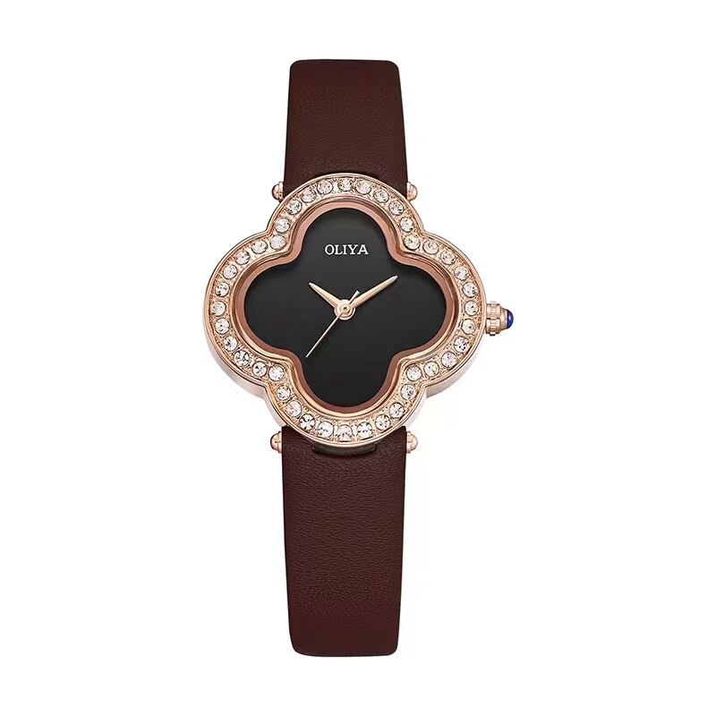 Lucky Girl Watch Leather Strap Diamond Craft Ladies Gift Hope Faith Pearl shell Ladies Quartz Watch Montres pour femmes Gold black coffee