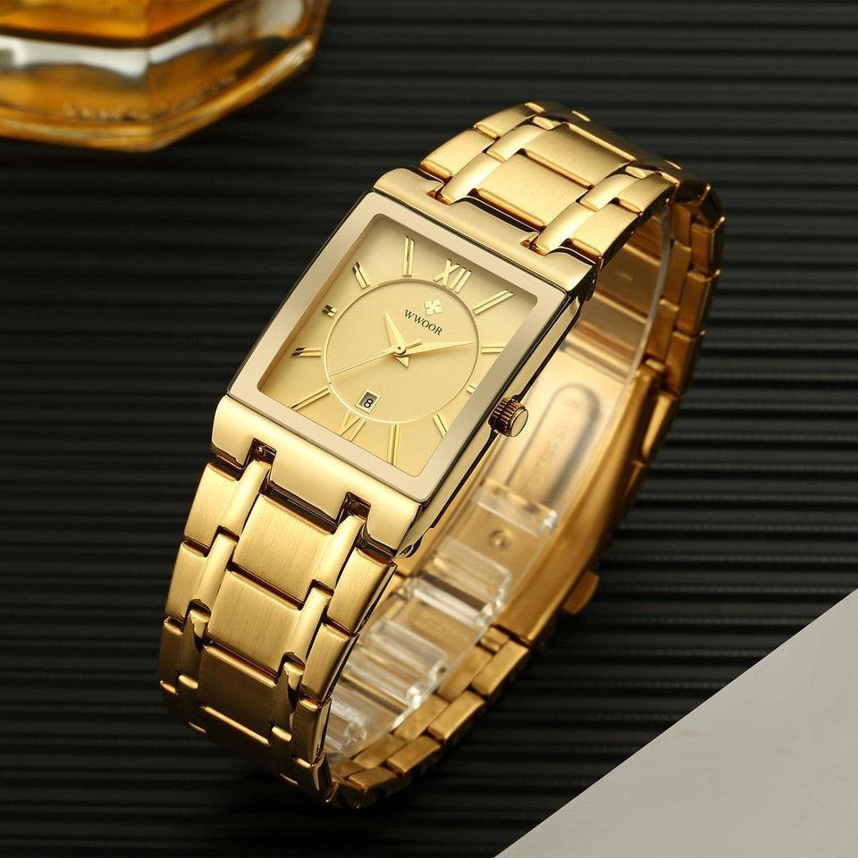 Relogio Masculino WWOOR Gold Watch Men Square Mens Watches Top Brand Luxury Golden Quartz Stainless Steel Waterproof Wrist Watch