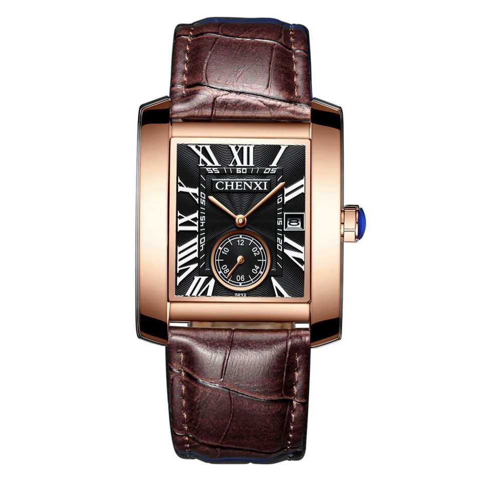 Top Luxury Brand Square Mens Wrist Watches Unique Design Rose Gold Calendar Stop Watch Genuine Leather Quartz Business Male Clock