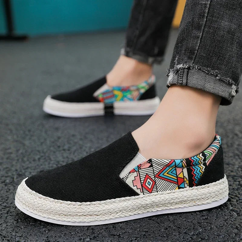 New Classic White Men's Fisherman Loafers Fashion Print Canvas Shoes Man Flats Espadrilles Breathable Male Summer Footwear