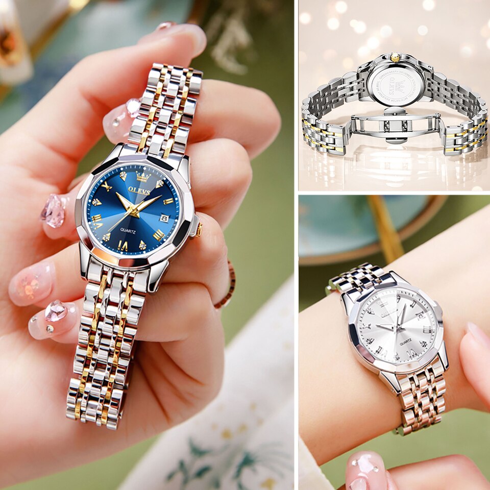 New Women Watches Elegant Rhombus Mirror Original Quartz Ladies Wristwatch Stainless Steel Waterproof Luminous New