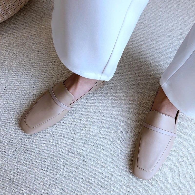 Cow Leather Square Toe Women Flats Casual Loafers Women Shoe Without Heel Spring Autumn Mules Woman Simple White Shoes