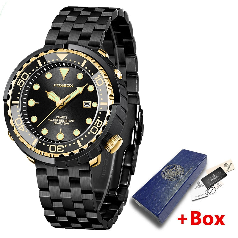 New Men Watches 5ATM Sports Waterproof Quartz Wristwatch Luminous Clock with Steel Bezel Watch for Men Relogio Masculino+Box Black Gold-05L