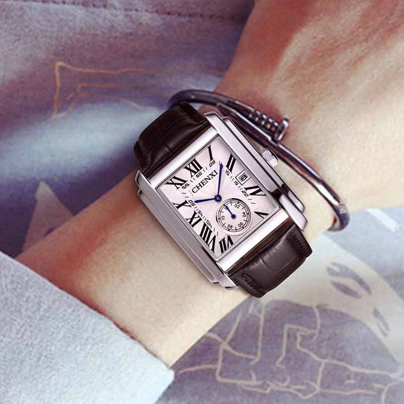 Top Luxury Brand Square Mens Wrist Watches Unique Design Rose Gold Calendar Stop Watch Genuine Leather Quartz Business Male Clock