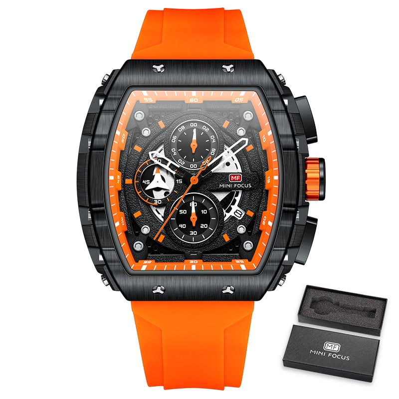 Chronograph Quartz Watches for Men Military Sport Silicone Strap Waterproof Wristwatch with Tonneau Dial Auto Date 0399Orange-Box