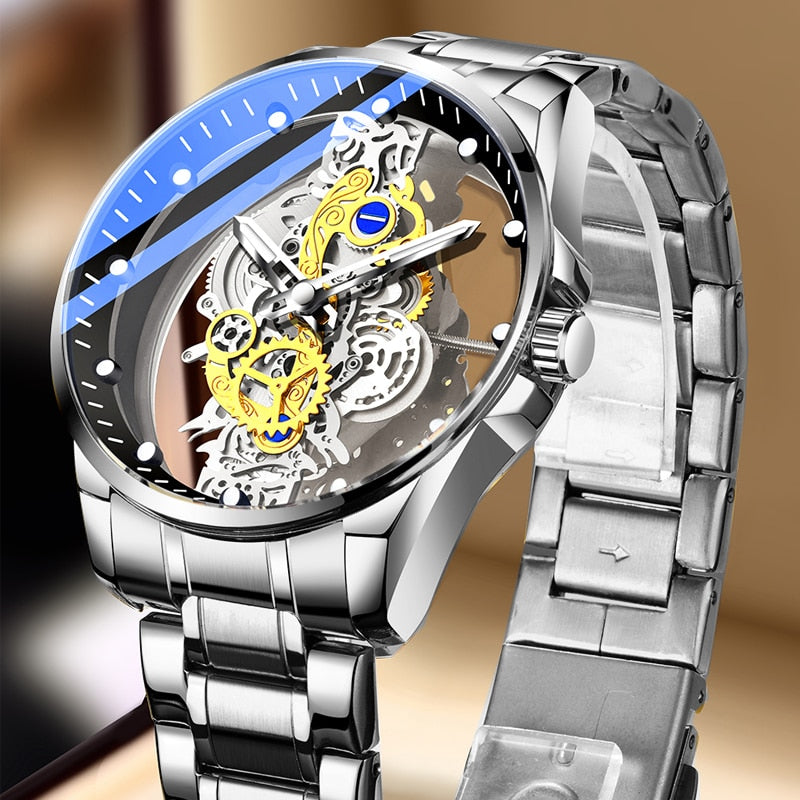 New Men Watch Skeleton Automatic quartz Watch Gold Skeleton Vintage Man Watch Mens Watches Top Brand Luxury часы мужские