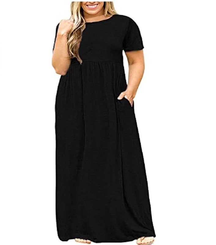 Big Size Dress Women Summer Large Size Short Sleeve pPrint Wear Resistant Long Dress Plus Size Fat Women Clothing Maxi Dress solid black, L