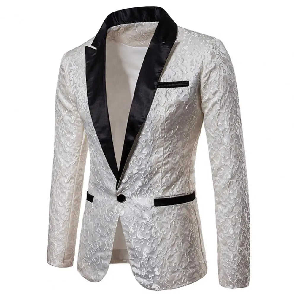 New Luxury Men Blazer Jacquard Single Button Slim Fit Turndown Collar Blazer White, S