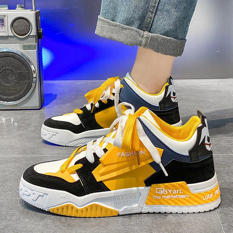 Yellow Men's High Sneakers Autumn Couple Skateboard Shoes Street Hip Hop Shoes Men Designer Lace-Up Sneakers