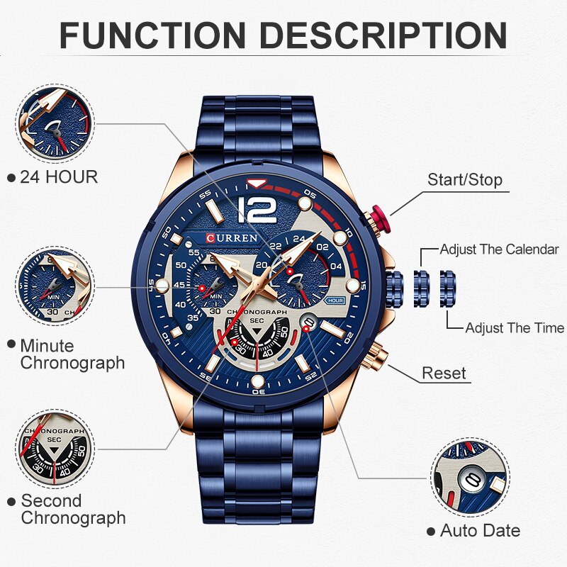 Watches Men CURREN Top Brand Luxury Casual Steel Quartz Men Watch Business Clock Male Sport Waterproof Date Chronograph