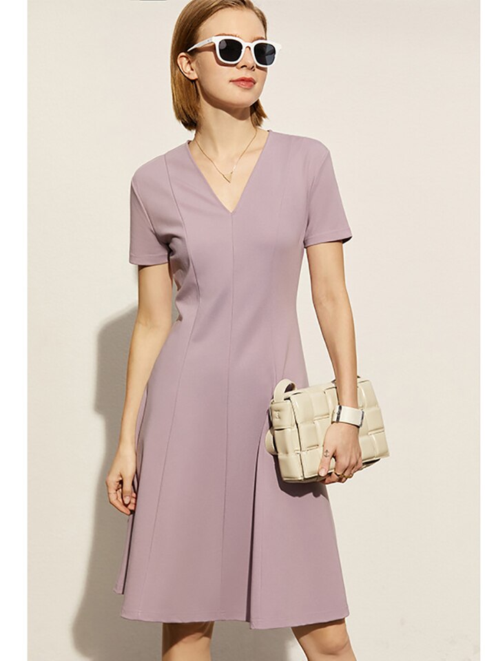 New Minimalism Summer Dress Women Fashion Solid V Neck A line Slim Summer Midi Dress Elegant Female Vestidoes 12160003 purple, S