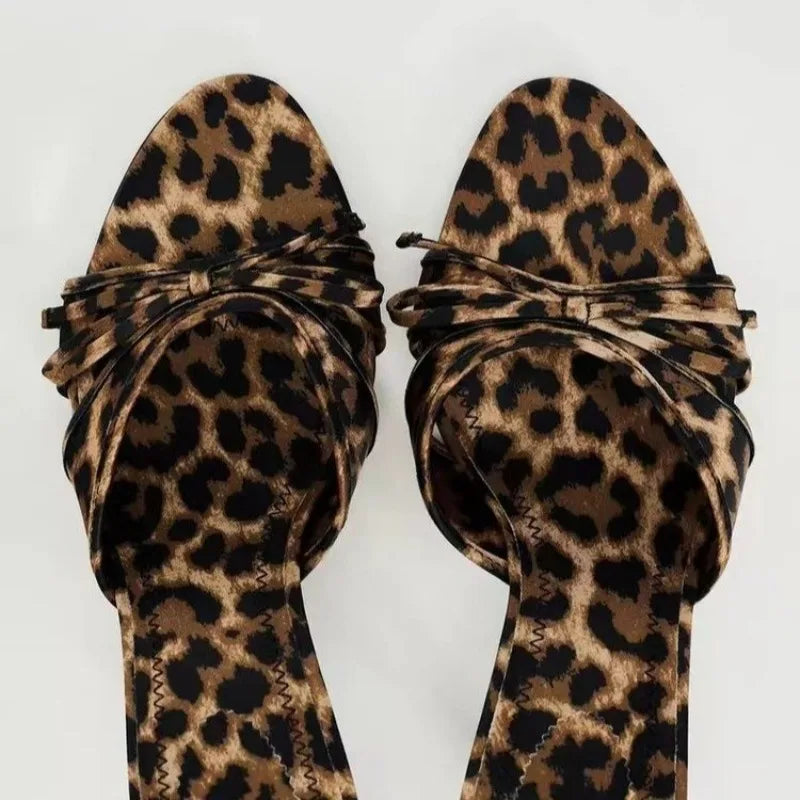 European and American High Quality Women Shoes Bow Knot Leopard Print High Heel Slippers Women Slippers