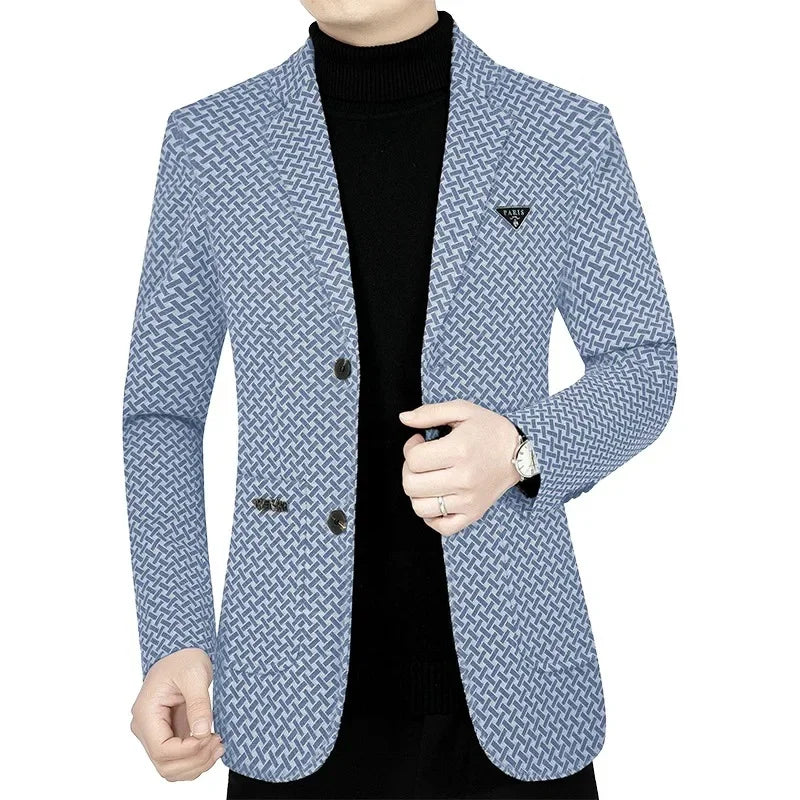 New Men Business Blazers Checkered Casual Coats High Quality Spring Slim Blue, 4XL Asian size