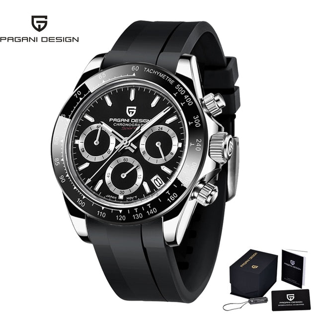 40mm New PAGANI DESIGN Men Quartz Watches Sapphire Luxury Chronograph Stainless Steel Waterproof Men Watch rubber black-1, China