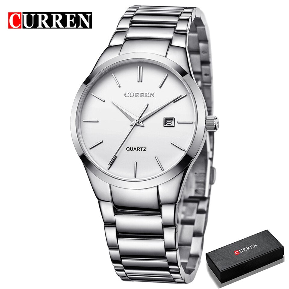 Luxury Classic Fashion Business Men Watches Display Date Quartz Watch Wristwatch Stainless Steel Male Clock Reloj Hombre silver white box