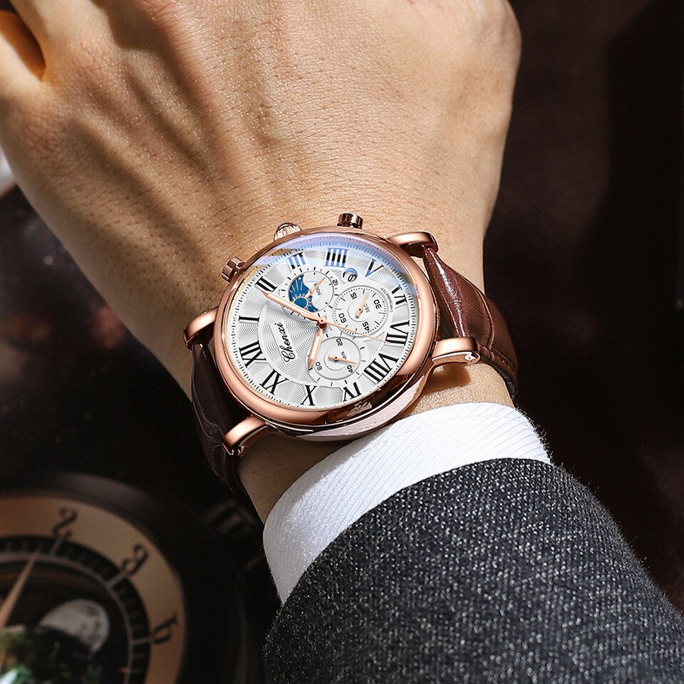 New Watches Men Top Brand Luxury Leather Strap Date Quartz Clock Male Waterproof Chronograph Men Watch Business Fashion