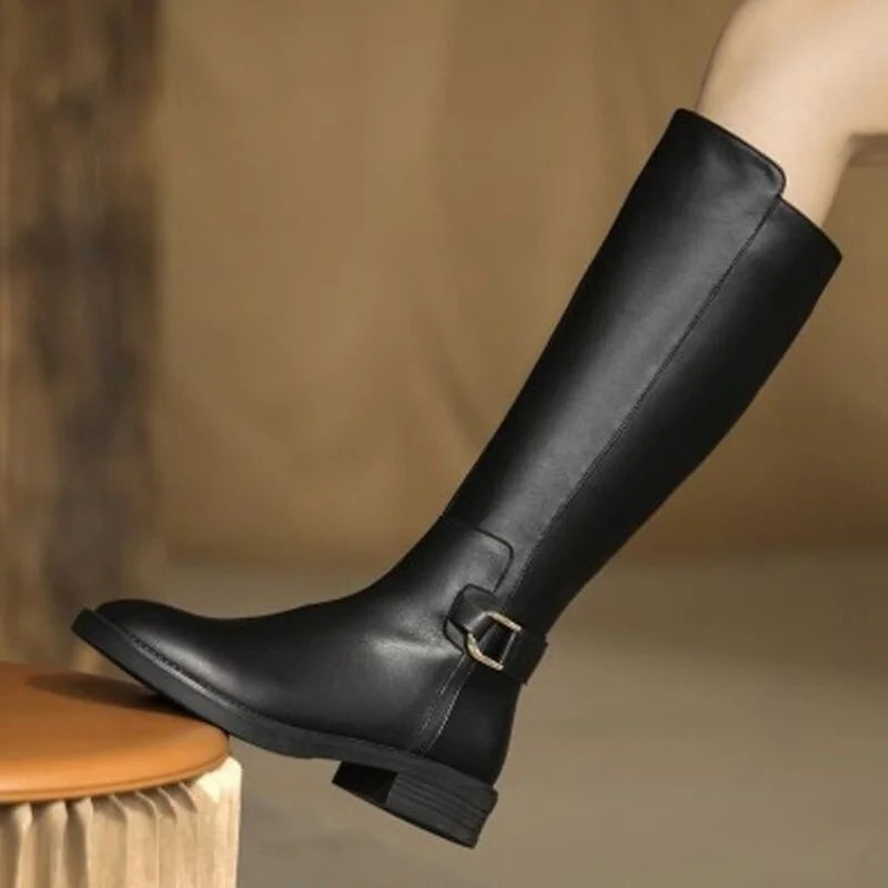 New Pu Leather Knee Boots for Women Shoes Buckle Metal Decoration Fashion Outdoor Ladies