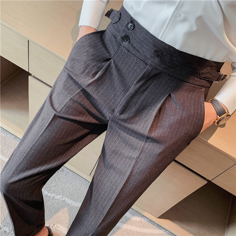 New Men British Style Autumn New Solid High Waist Trousers Men Formal Pants High Quality Slim Fit Business Casual Suit Pants Hommes A07 Gray, 29, China