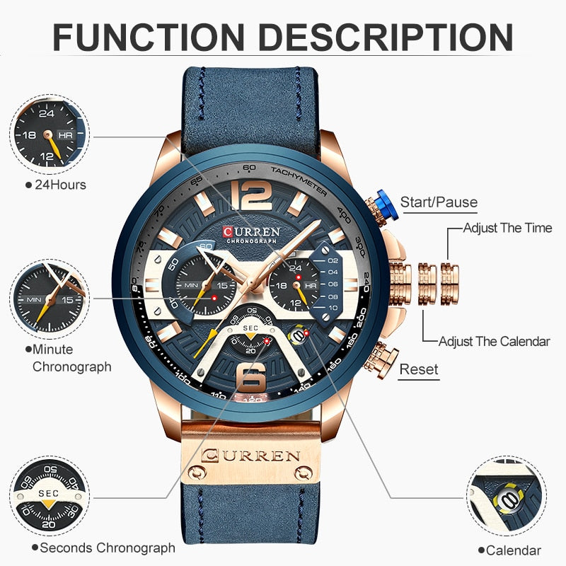 New Casual Sport Watches for Men Top Brand Luxury Military Leather Wrist Watch Man Clock Fashion Chronograph Wristwatch