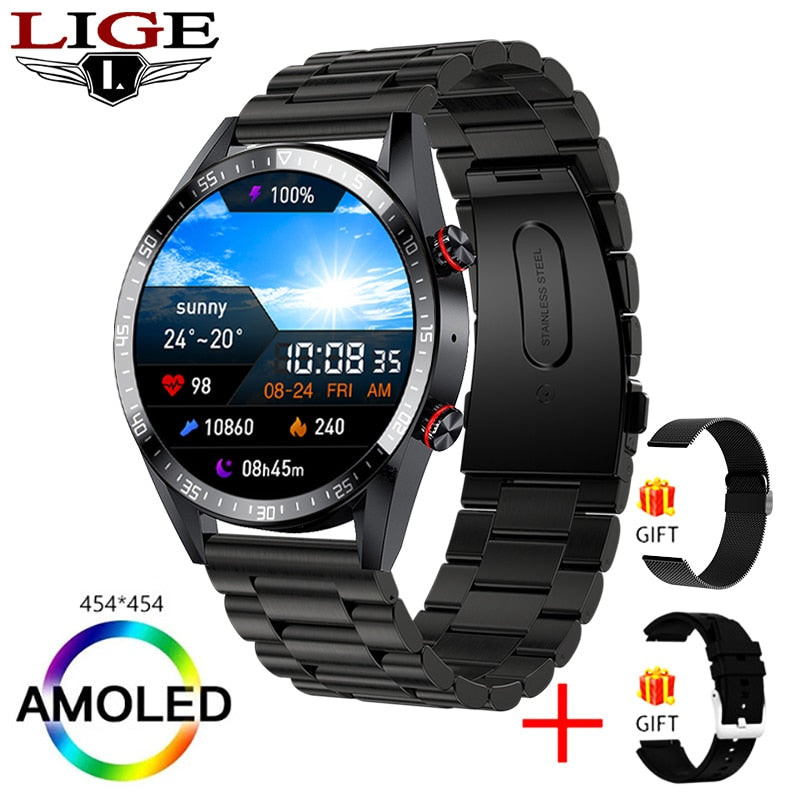 New 454*454 Screen Smart Watch Always Display The Time Bluetooth Call Local Music Smartwatch For Mens Android TWS Earphones Steel belt black, China