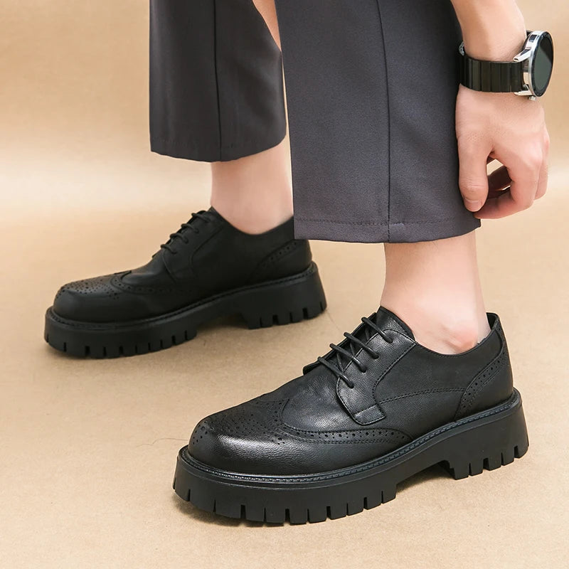 Youth Trend Social Thick Soled Leather Shoes Dating Business Lace Up Mens Shoes Platform Oxford Round Toe Moccasin Casual Shoes