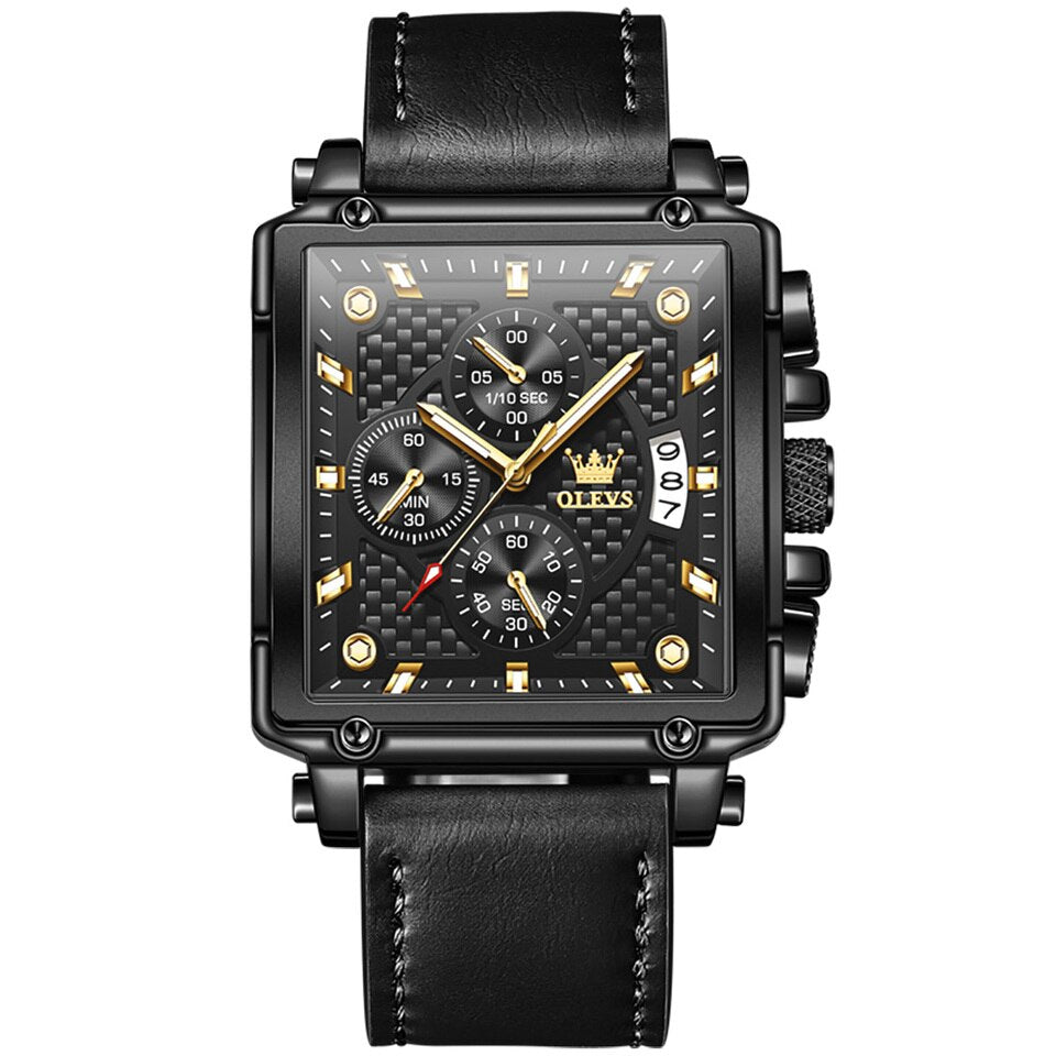 New Men Watches Luxury Square Quartz Wrist Watch Original Waterproof Luminous Chronograph Watch for Men Relogio all black