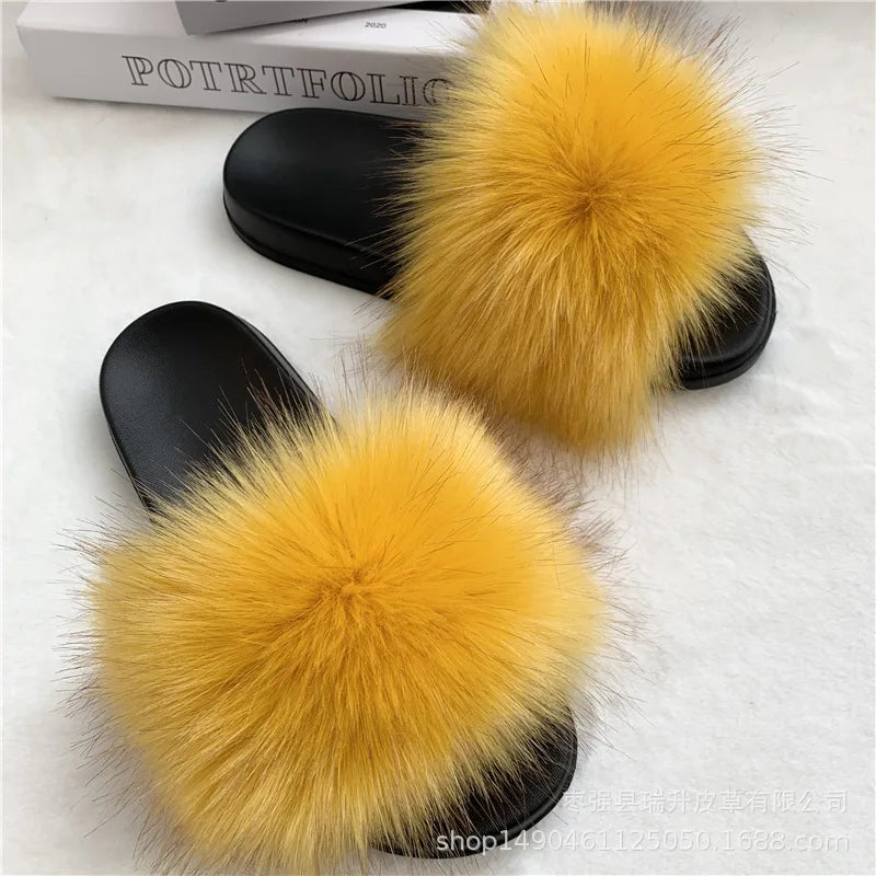 Summer Faux Fur Slippers Women Indoor Furry Fur Slides Female Plush Flip Flops Flats Sandals Casual Fluffy Slipper House Shoes