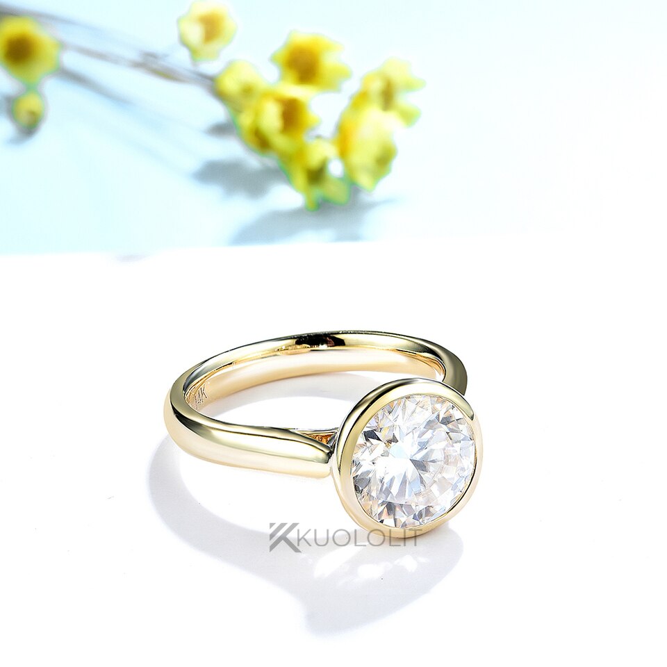 2.5CT Round Moissanite Ring for Women Soild 18K 14K Yellow Gold Bezel Set Diamond Ring  for Engagement Christmas Gifts