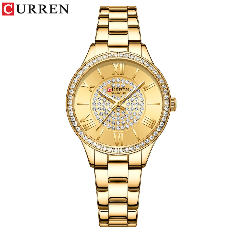 Rhinestones Rose Dial Fashion Watches with Stainless Steel Band New Quartz Wristwatches for Women