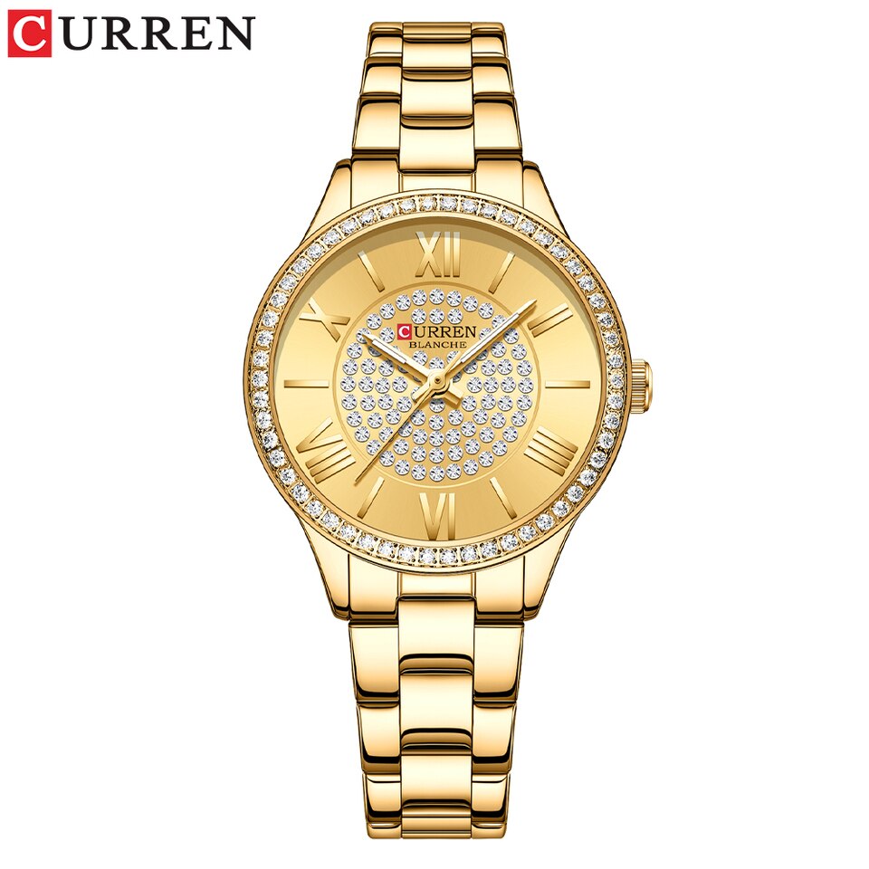 CURREN Luxury Rhinestones Rose Dial Fashion Watches with Stainless Steel Band New Quartz Wristwatches for Women