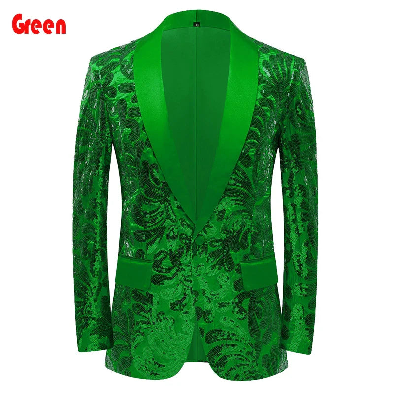 New Men Shiny Sequins Blazer Floral One Button Shawl Lapel Tuxedo Blazers Party Wedding Green, US L