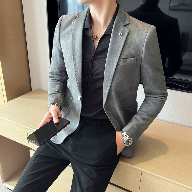 New Suit Coat Men's Slim Fit Deerskin Velvet Elegant Luxury Blazer GRAY, Asia S 45-50KG