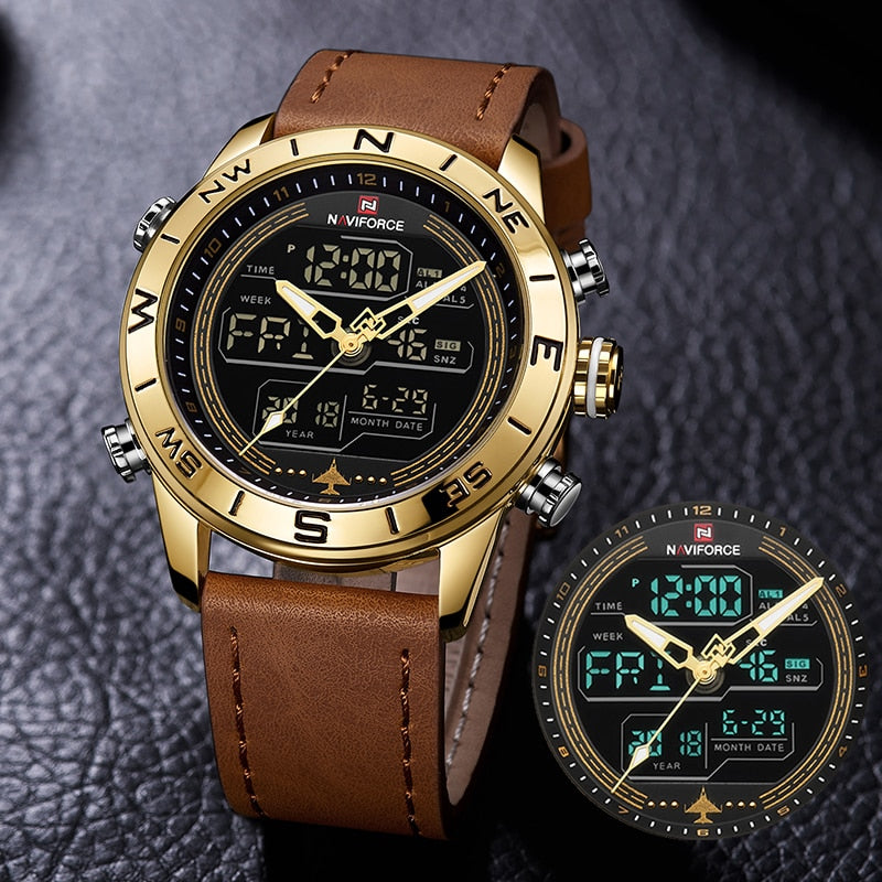 Luxury Brand Men NAVIFORCE 9144 Army Military Watch Digital Leather Sport waterproof Watches Quartz Men Clock Relogio Masculino