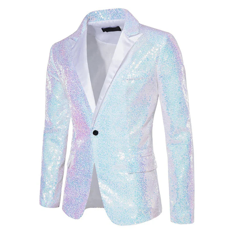 New Shiny Sequin Glitter Blazer for Men One Button Peak Collar Tuxedo Wedding Groom Party Prom Stage Costume Homme X36 White, US Size M