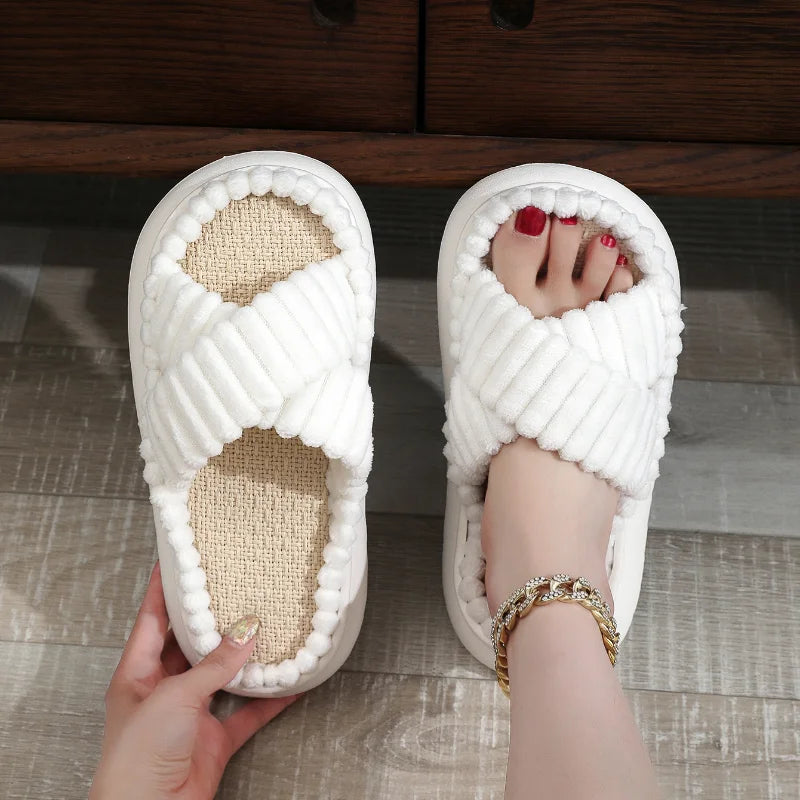 Autumn Winter New Women Home Slippers Open-Toe Cross Band Linen Soled Indoor Slides Linen Soled Non-Slip Bathroom Slippers