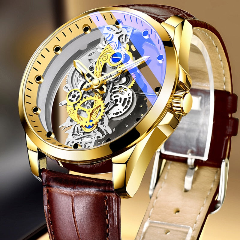 New Men Watch Skeleton Automatic quartz Watch Gold Skeleton Vintage Man Watch Mens Watches Top Brand Luxury часы мужские brown gold