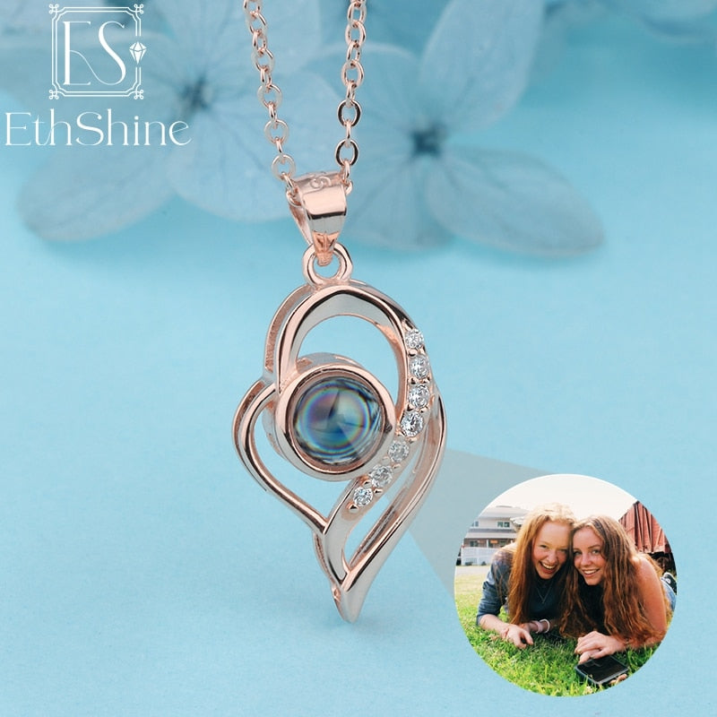 EthShine S925 Silver Personalized Heart Photo Projection Necklace Christmas Day Gift Photo Custom Jewelry Birthday Lover Family Photo Custom RG