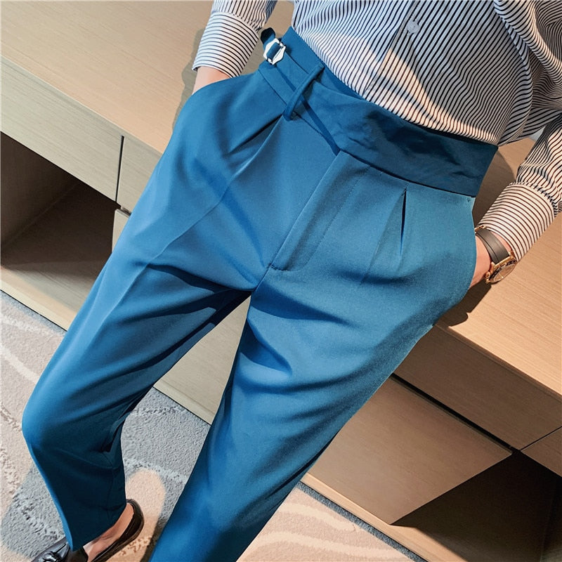 New Men British Style Autumn New Solid High Waist Trousers Men Formal Pants High Quality Slim Fit Business Casual Suit Pants Hommes 26 Peacock blue, 29, China