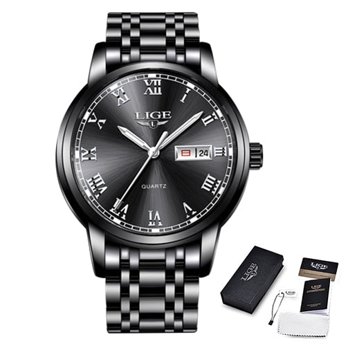 LIGE Stainless Steel Watch Luxury Men Watches Date Watch for Men Business Wirstwatchs Men Waterproof Quartz Watches Classic Clock black sliver, China