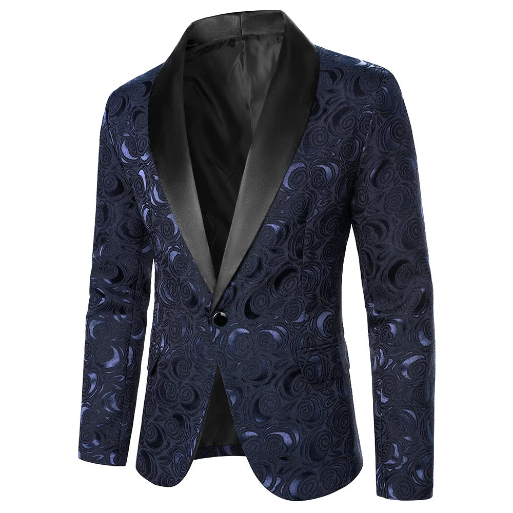 New Men Rose Pattern Bright Jacquard Fabric Contrast Collar Party Luxury Design Causal Fashion Slim Fit Men Blazer Blue, M, CHINA