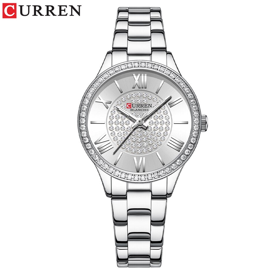 CURREN Luxury Rhinestones Rose Dial Fashion Watches with Stainless Steel Band New Quartz Wristwatches for Women