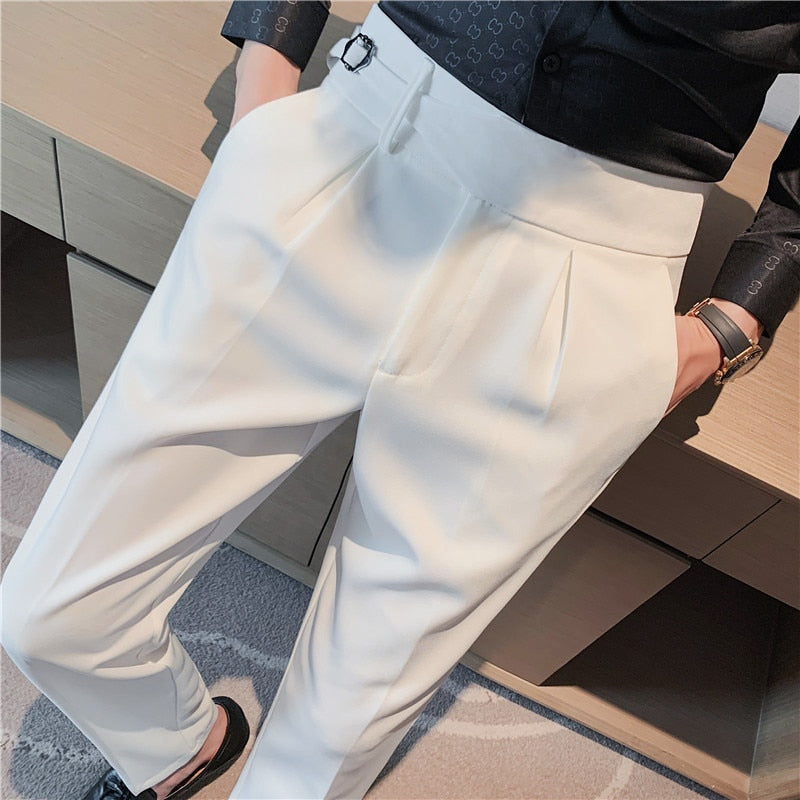 New Men British Style Autumn New Solid High Waist Trousers Men Formal Pants High Quality Slim Fit Business Casual Suit Pants Hommes 26 White, 29, China